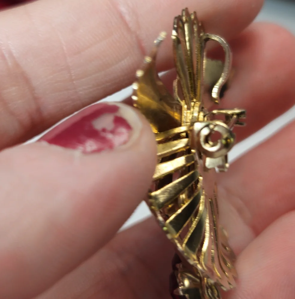 Vintage Red Crystal Gold Plated Leaf Brooch or Pendant